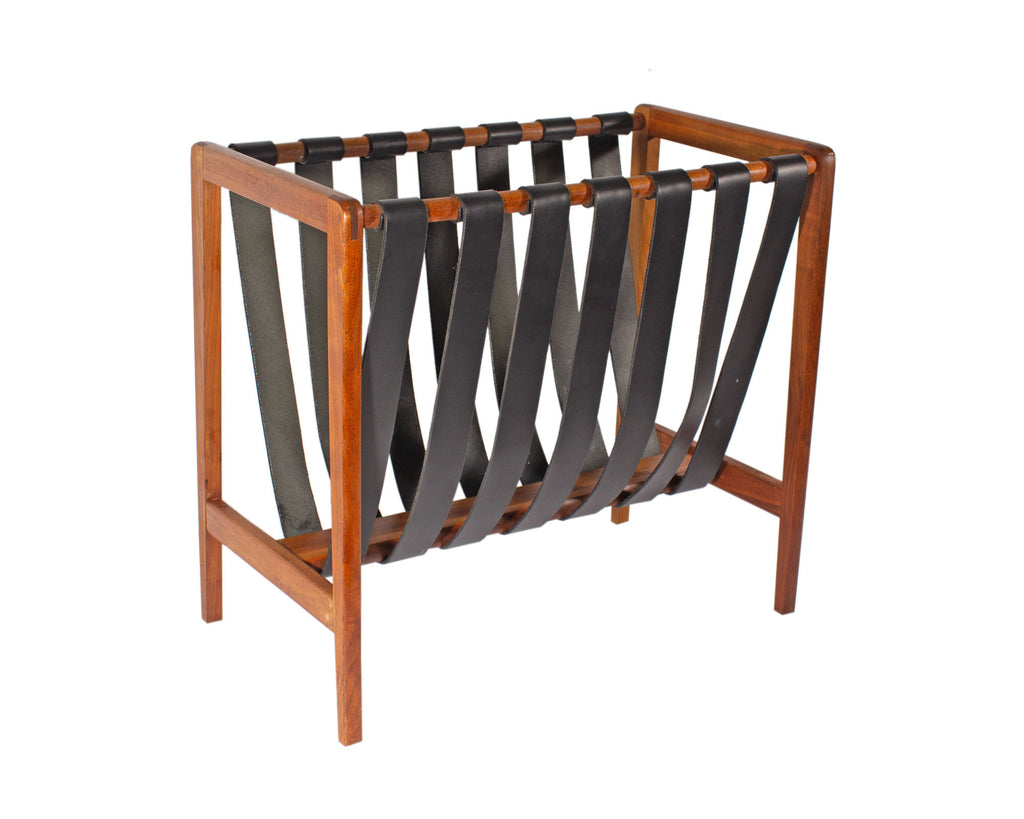 Mid-Century Teak and Black Leather Magazine Rack