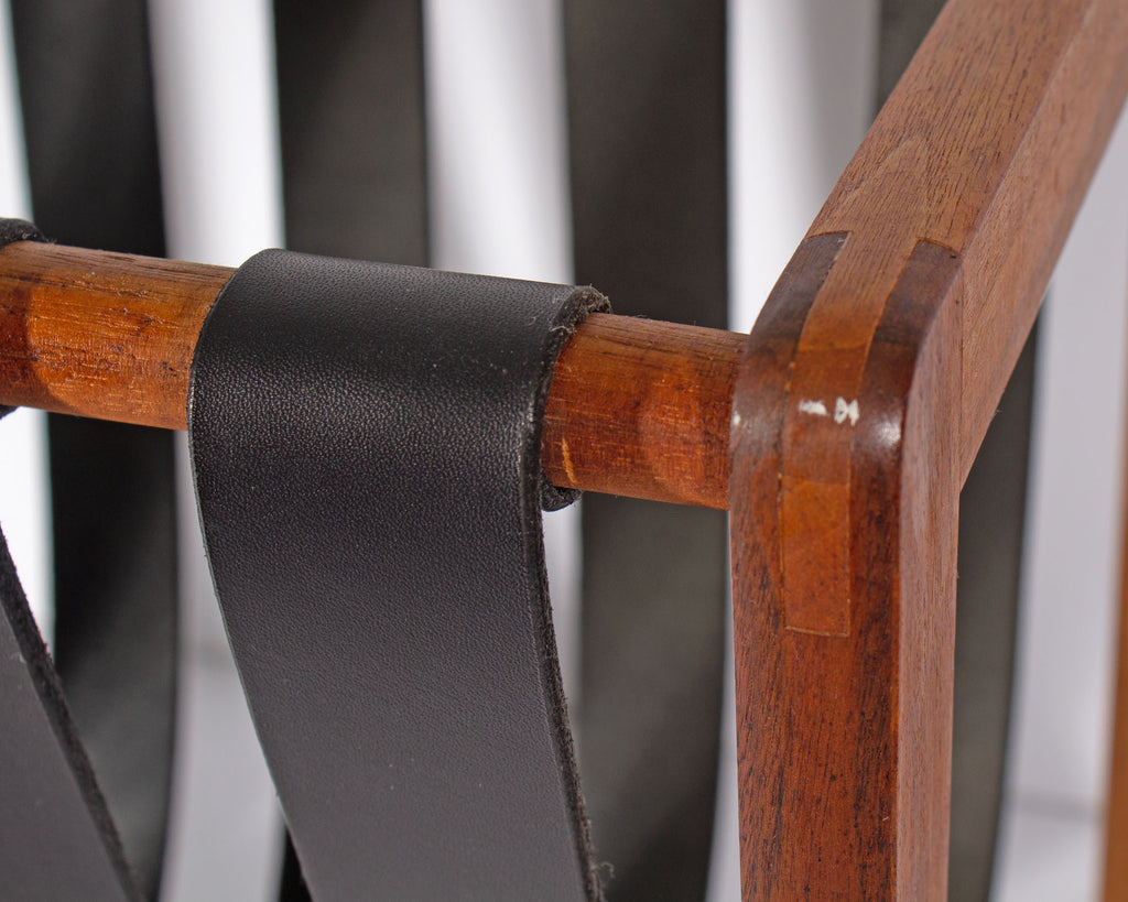 Mid-Century Teak and Black Leather Magazine Rack