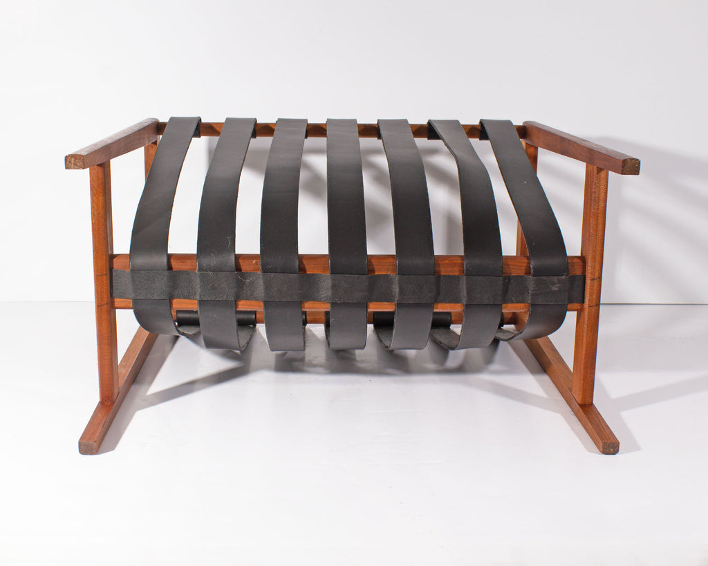 Mid-Century Teak and Black Leather Magazine Rack