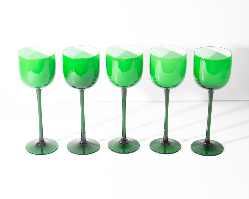 Carlo Moretti Cased Green 9.5” Wine Glasses, Set of Five