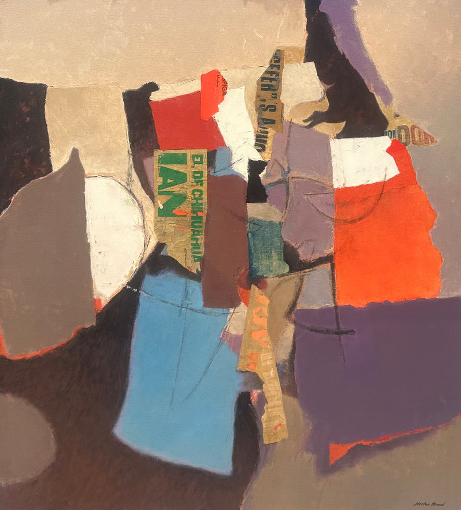Merton Brown Abstract Oil on Collaged Paper on Canvas Painting