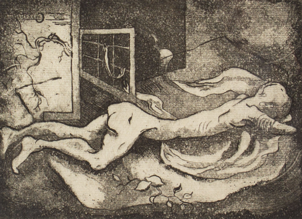 Robert C. Ray 1970s Abstract Etching of a Nude Figure