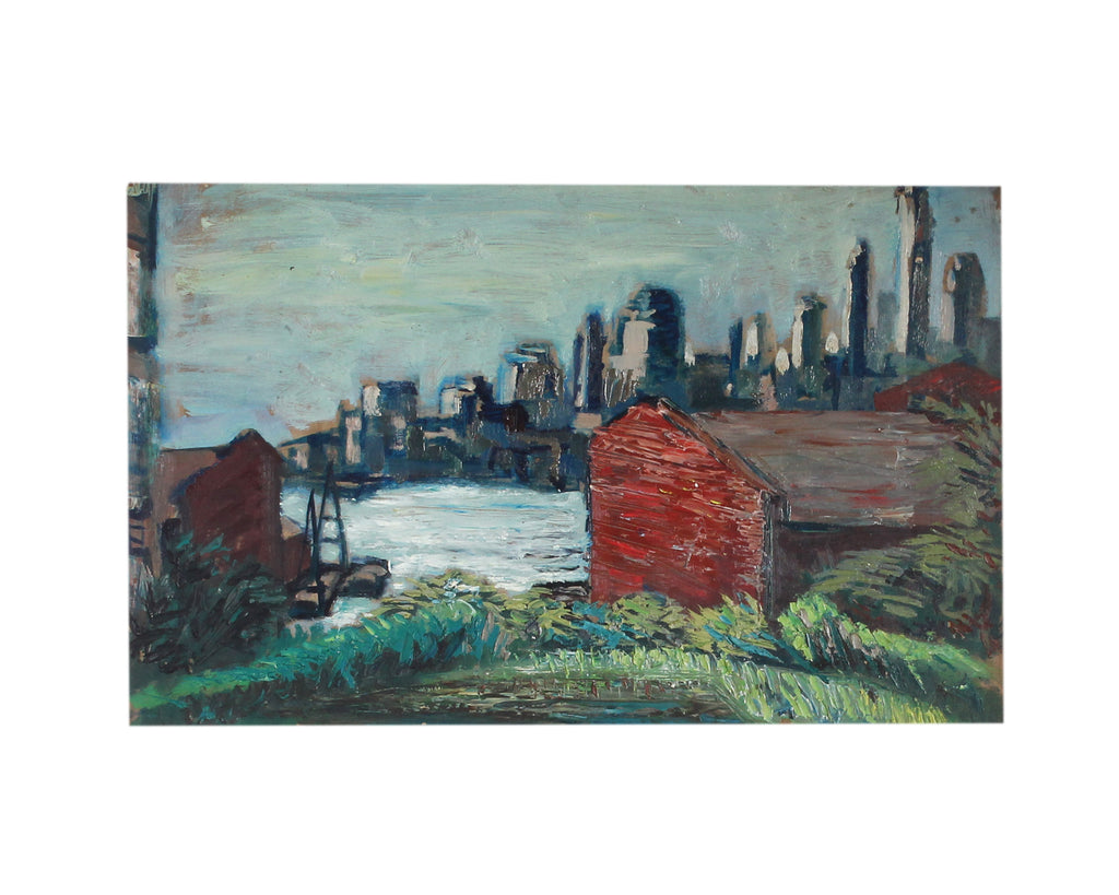 Carolyn Shine Mid-Century Oil Painting of a City and Country Scene