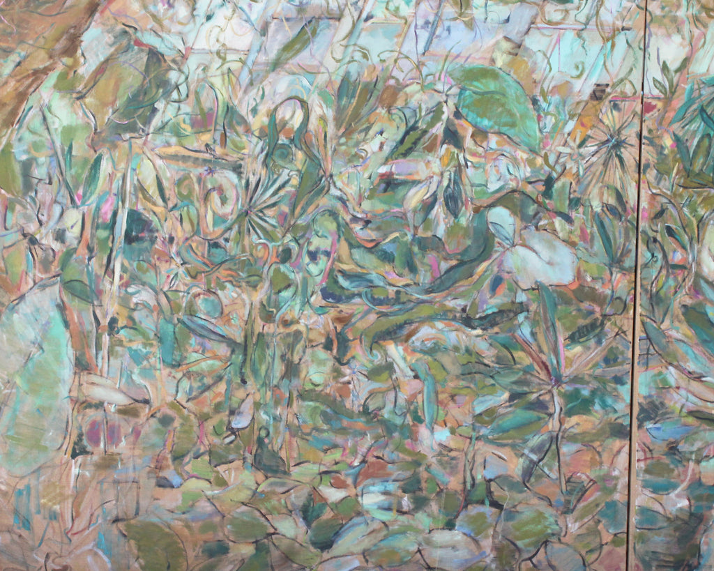 Ronald D. Newman Signed Two-Panel Oil on Canvas "Greenhouse" Abstract Painting