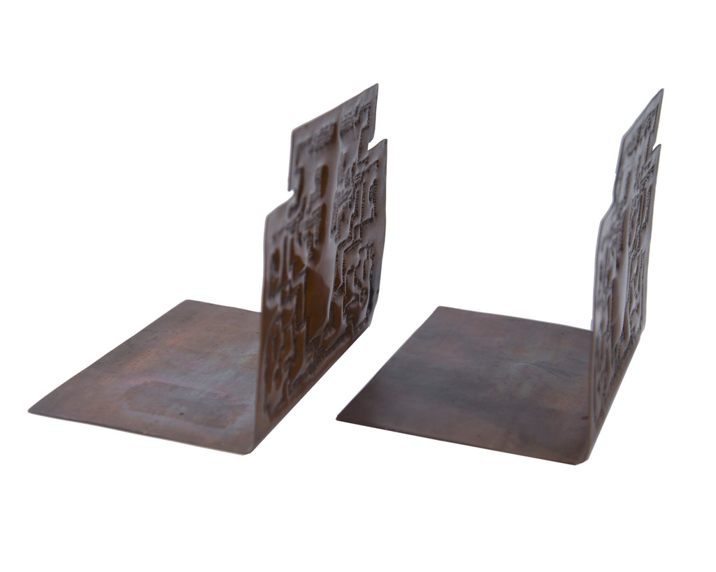 Art and Crafts Style Copper Bookends with Geometric Design