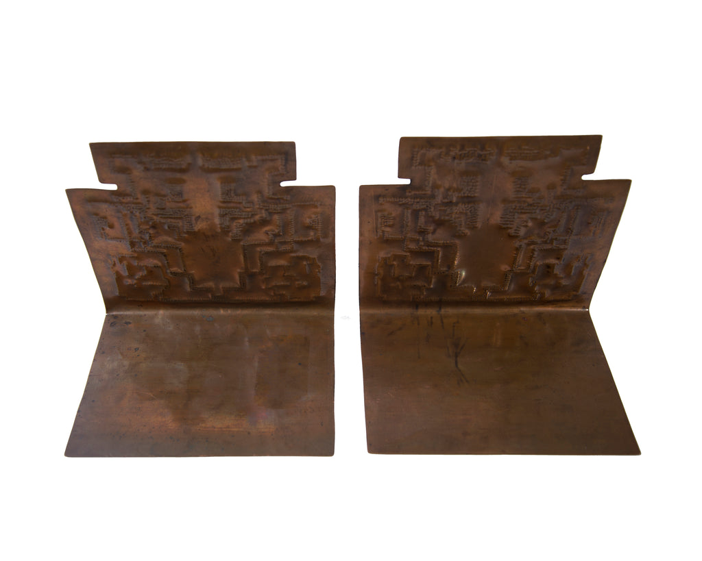 Art and Crafts Style Copper Bookends with Geometric Design