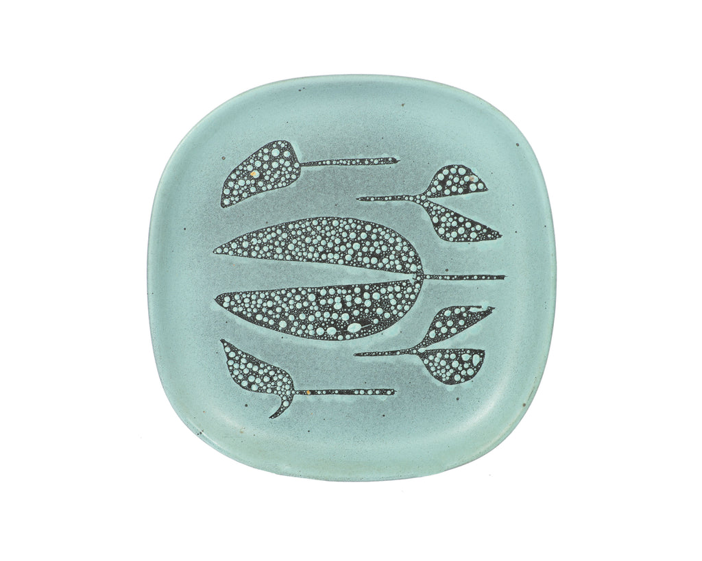 Richard Saar Signed Studio Pottery Teal Plate with Leaf Design