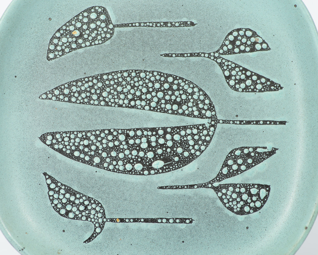 Richard Saar Signed Studio Pottery Teal Plate with Leaf Design