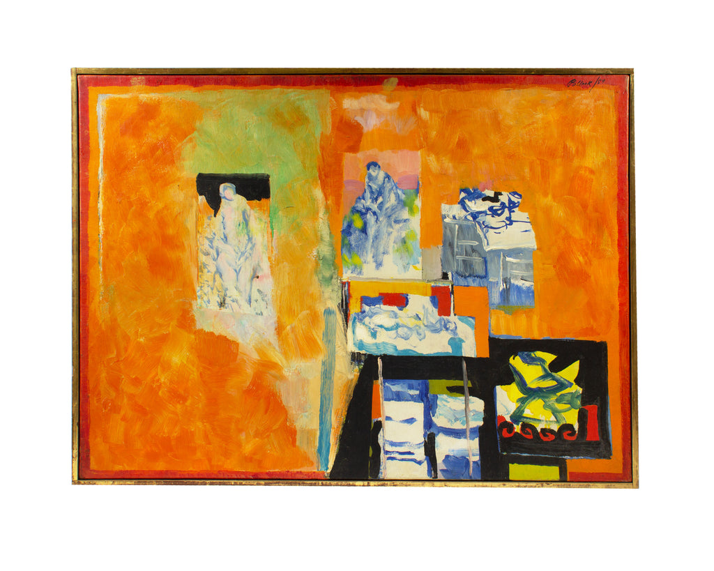 Reginald Murray Pollack Signed 1959 Oil on Canvas Abstract Painting of an Interior