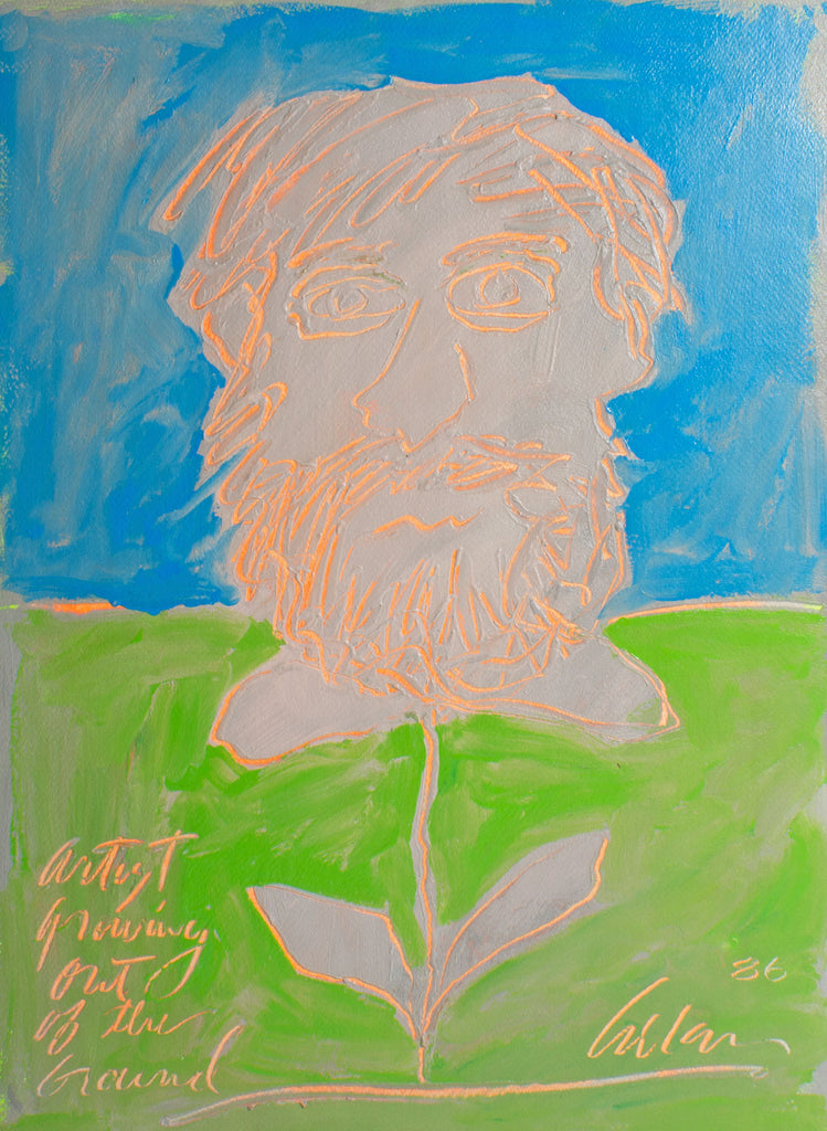 Harry Hilson Signed 1986 “Artist Growing out of the Ground” Abstract Acrylic Self Portrait Painting