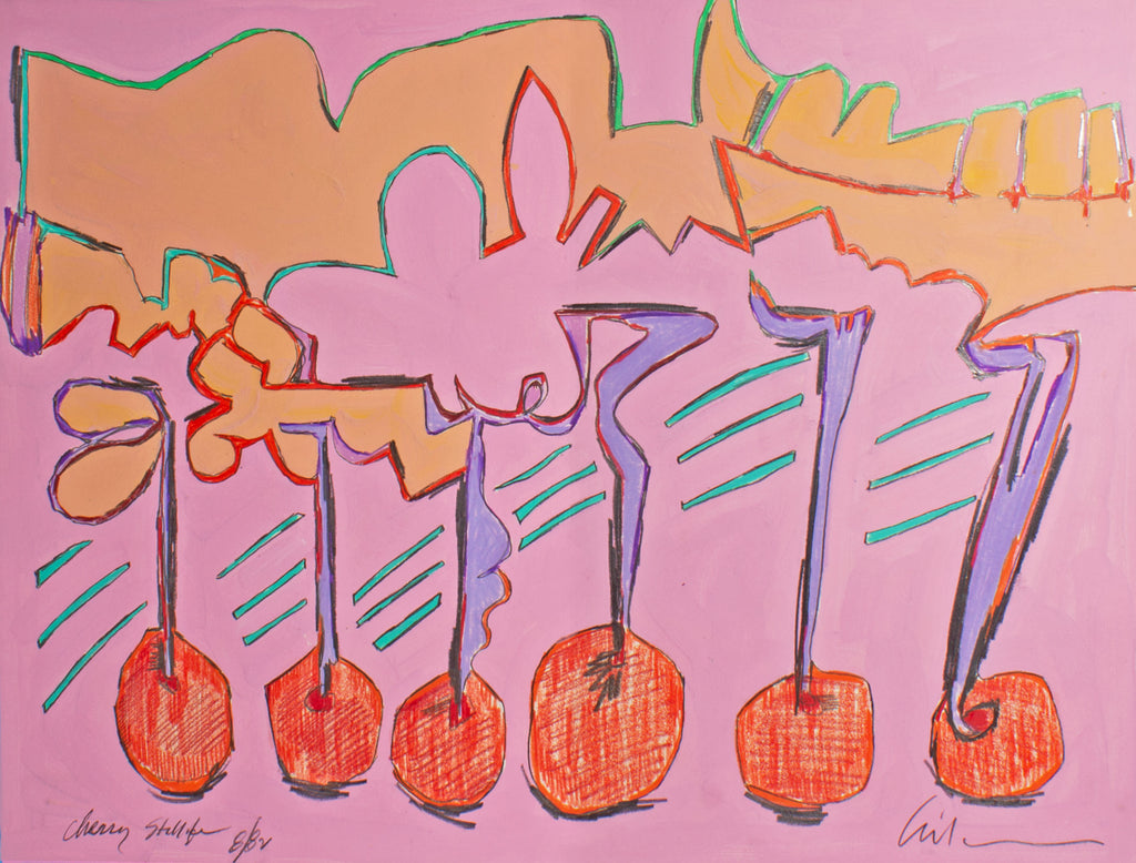 Harry Hilson Signed 1982 “Cherry Still Life” Abstract Mixed Media Painting