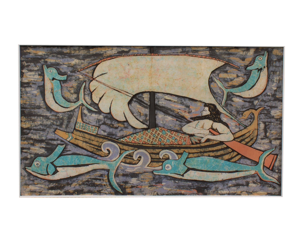 Harry Hilson Signed Abstract Batik of Boat and Dolphins