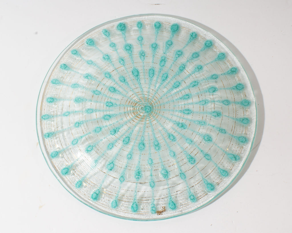 Higgins Mid-Century Blue Gold Tone Fused Glass Plate