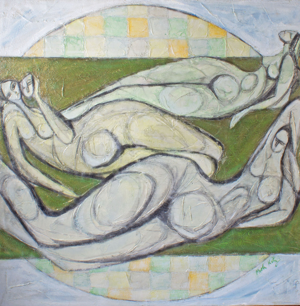 Mosche Katz Signed Oil on Canvas Abstract Painting of Nudes