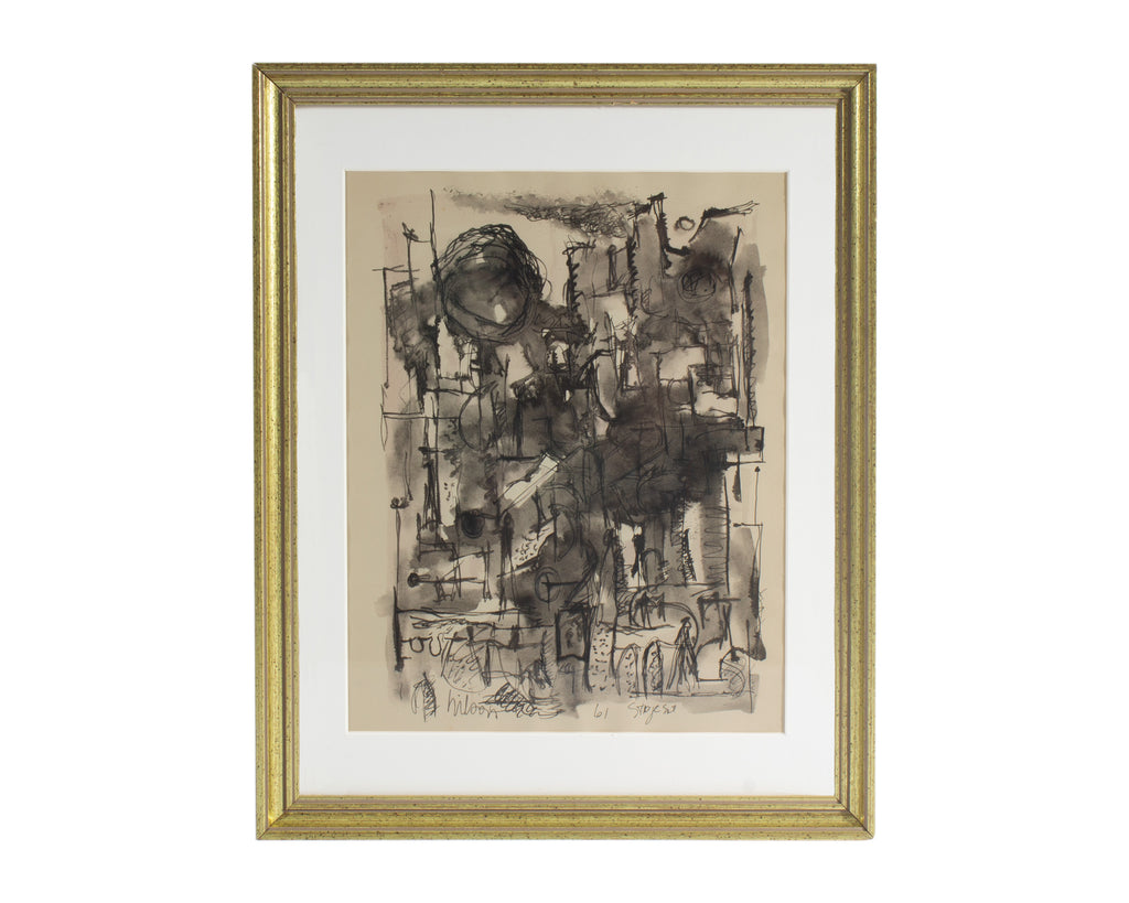 Harry Hilson Signed 1961 “Stage Set” Abstract Ink Painting 