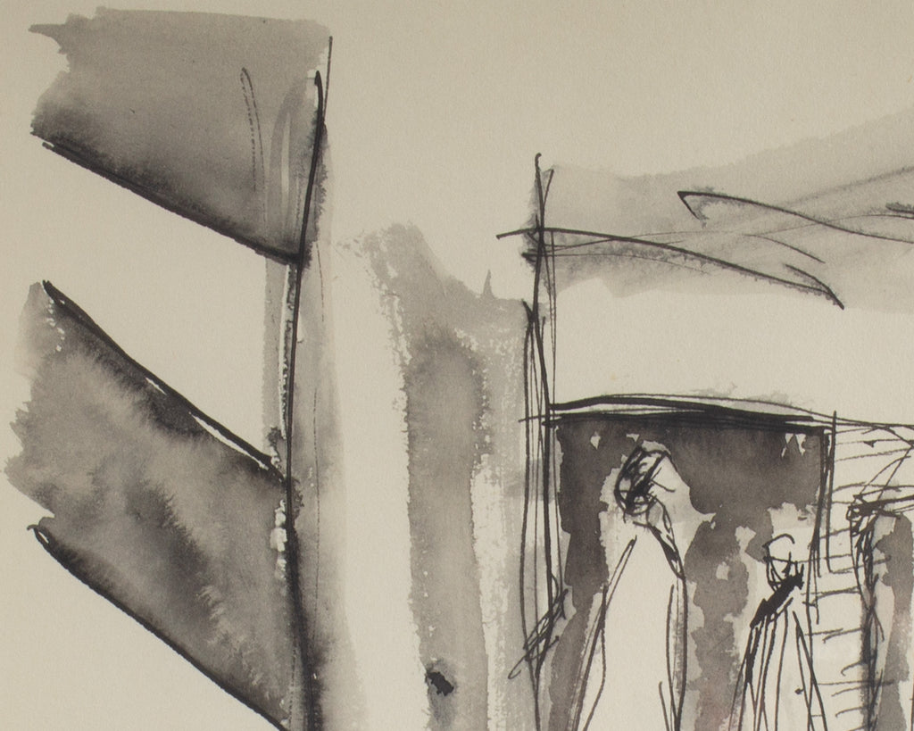Harry Hilson Signed 1961 “Stage Set & Actors” Abstract Ink Drawing