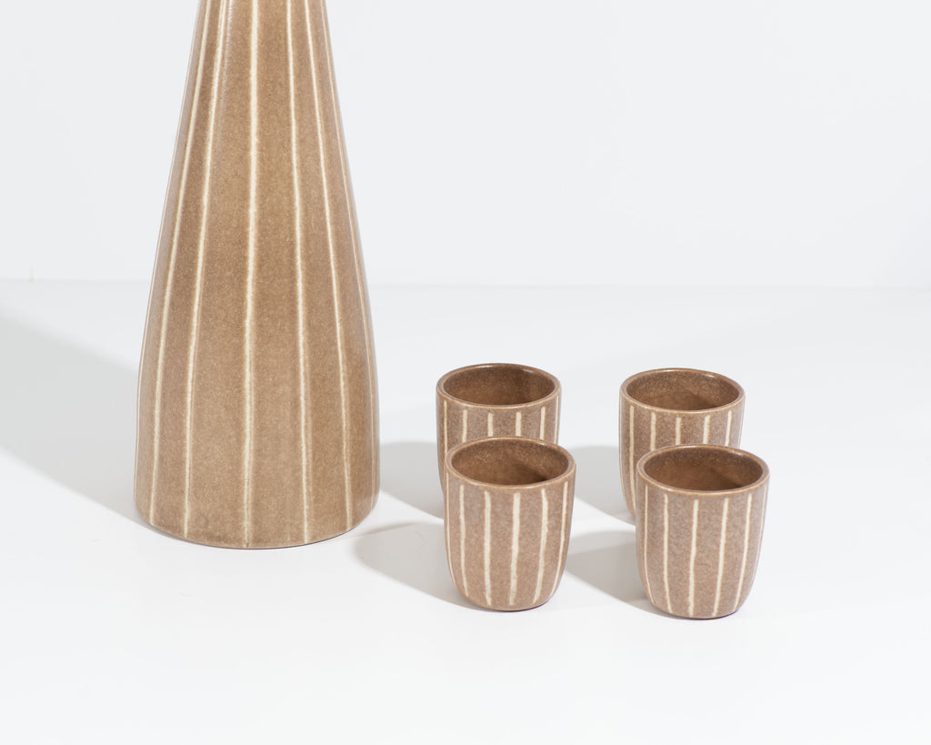 Jaru California Striped Brown and White Ceramic Decanter and Cups