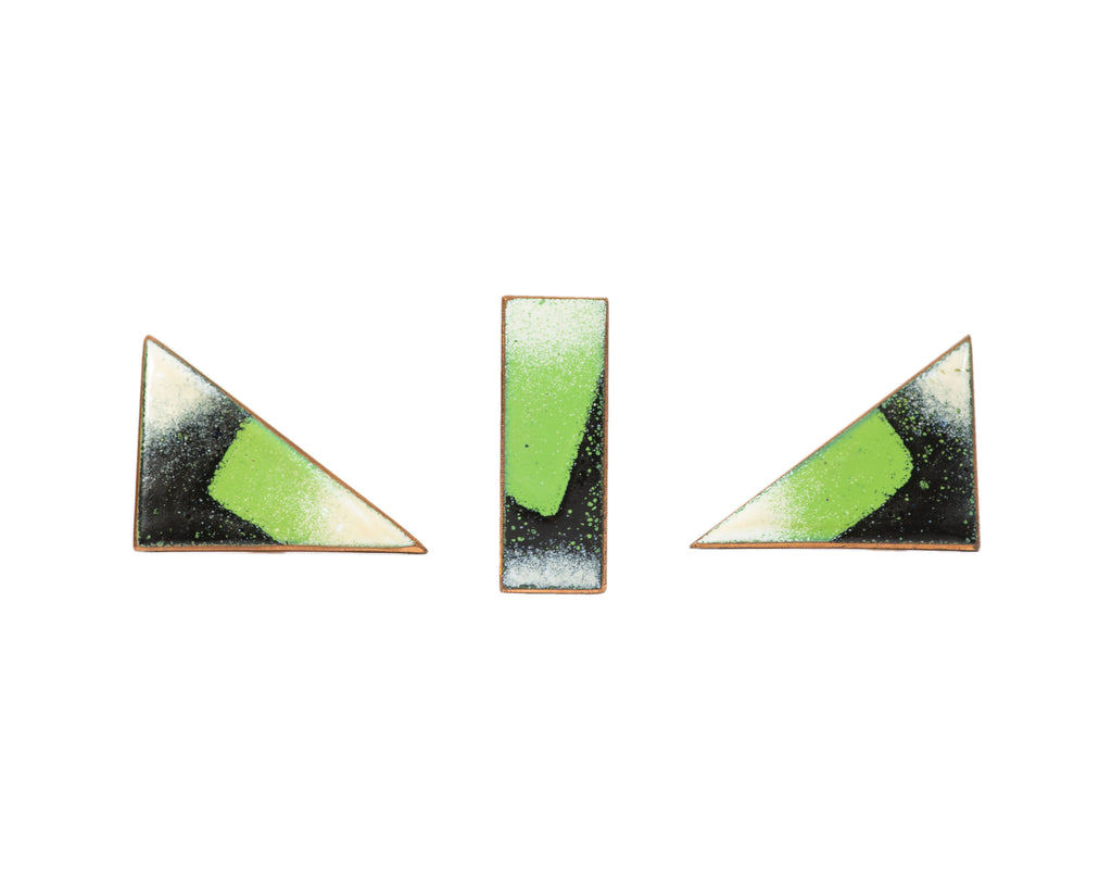 Modernist Copper Green White Black Enamel Cufflinks and Tie Clip