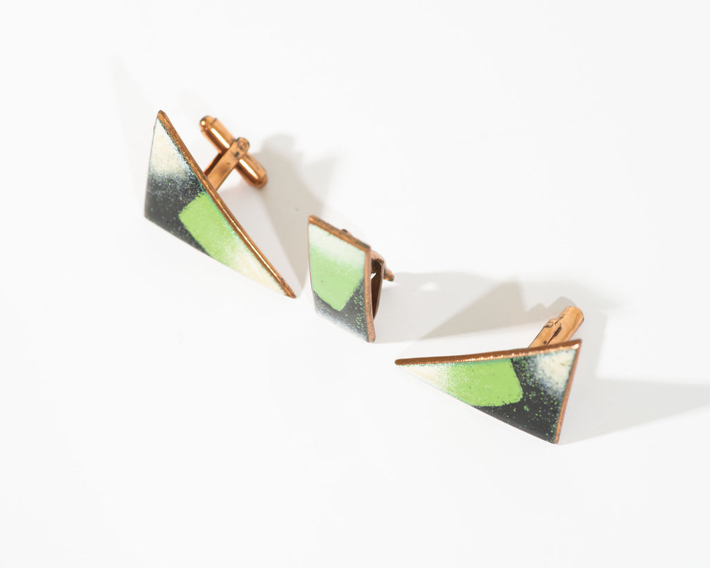 Modernist Copper Green White Black Enamel Cufflinks and Tie Clip