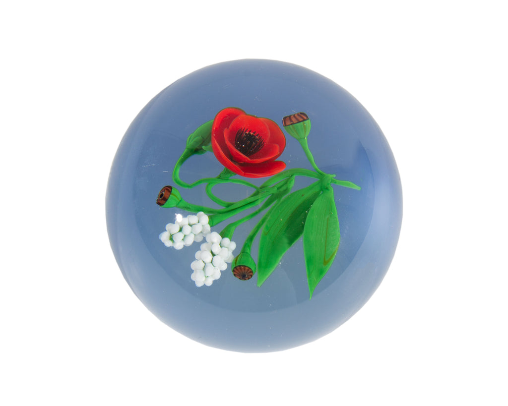 Victor Trabucco Signed 1988 Art Glass Paperweight with Poppies