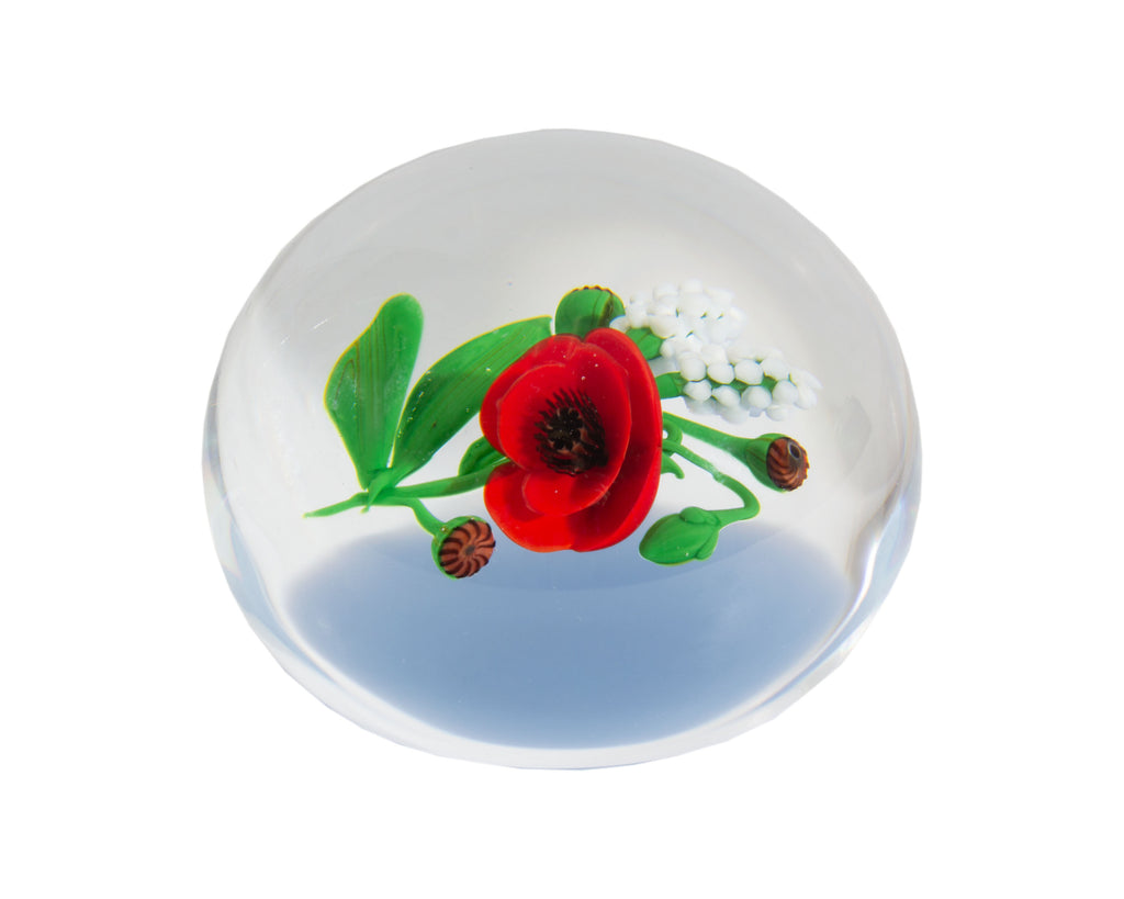 Victor Trabucco Signed 1988 Art Glass Paperweight with Poppies