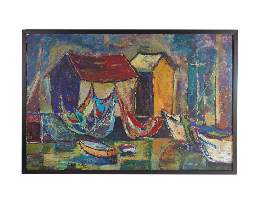 Robert Kaupelis Signed 1954 Oil on Board Painting of a Dock