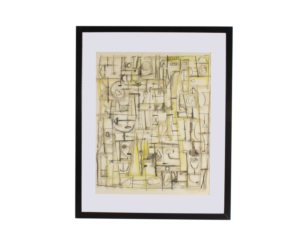 Harry Hilson Signed 1960s Abstract Watercolor and Ink Painting