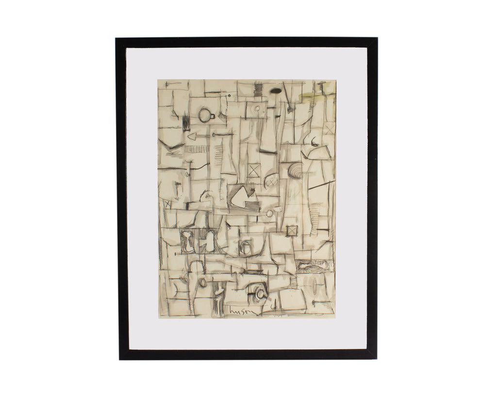 Harry Hilson Signed 1961 Abstract Ink and Watercolor Drawing