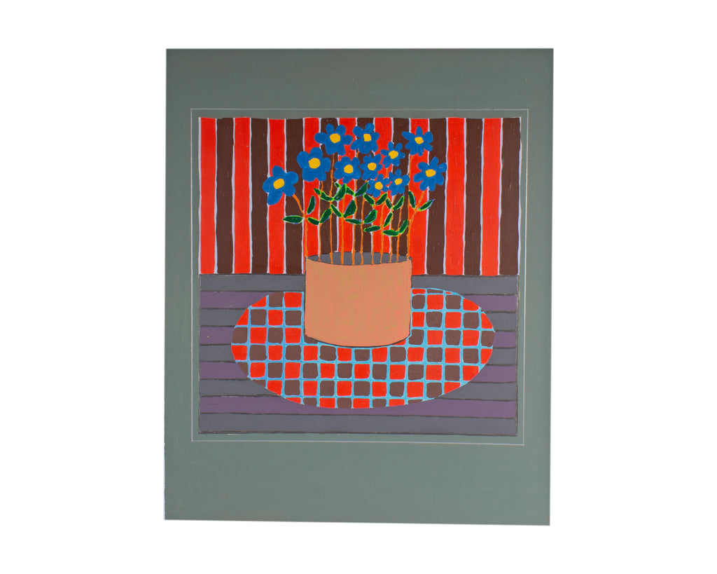 Harry Hilson Signed 1980s Op Art Acrylic on Paper Floral Still Life Painting