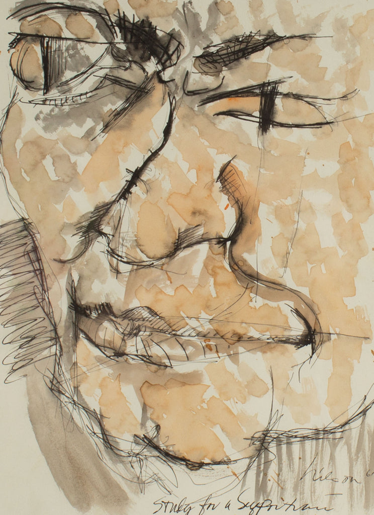 Harry Hilson Signed 1961 Abstract Ink and Watercolor Drawing of a Face