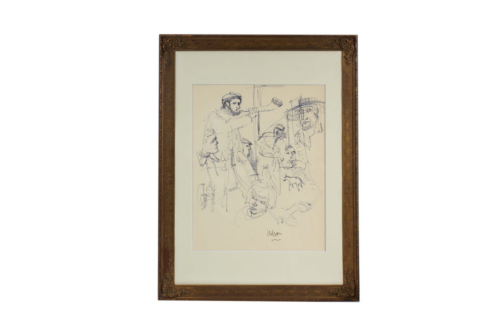 Harry Hilson Signed Abstract Ink Drawing of Figures