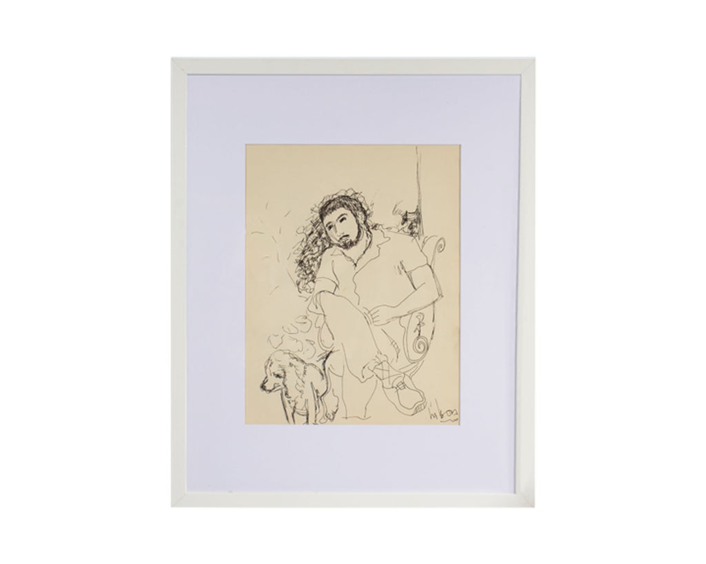 Harry Hilson Signed Abstract Ink Drawing of the Artist and His Dog