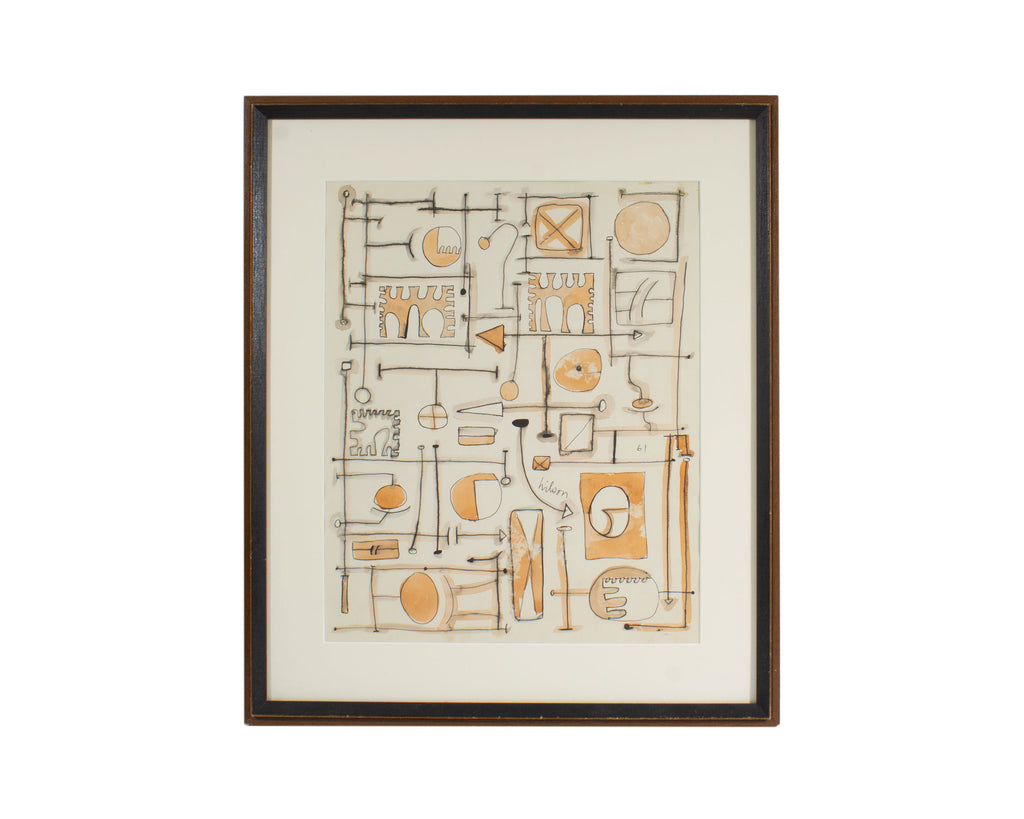 Harry Hilson Signed 1961 Ink and Watercolor Abstract Drawing