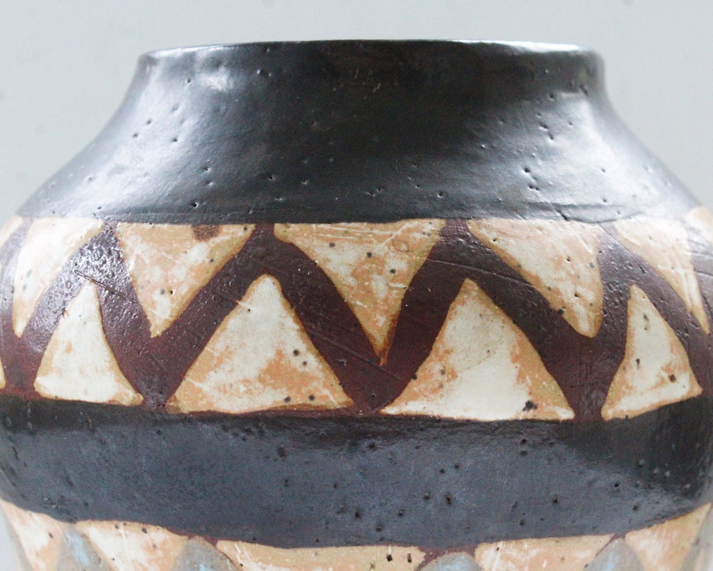 Vintage Mid-Century Hand Built Pottery Vase with Chevron Design
