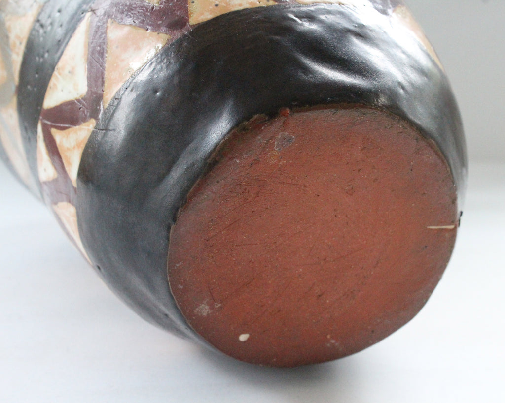 Vintage Mid-Century Hand Built Pottery Vase with Chevron Design