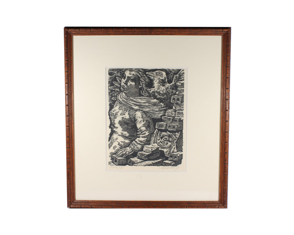 Hans Orlowski Signed Woodcut Print of a Woman and Bird